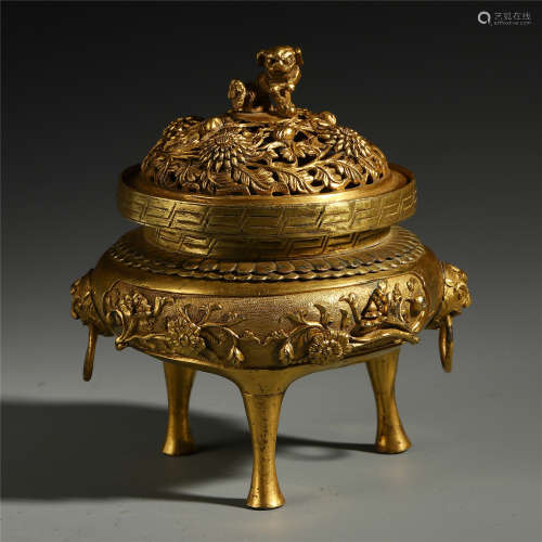 A Chinese Gilt Bronze Tripod Censer with Beast Handle