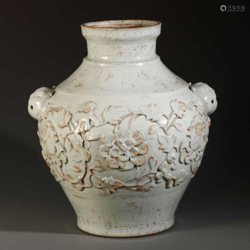 A Chinese White Glazed Floral Vase with Twin Beast Handle