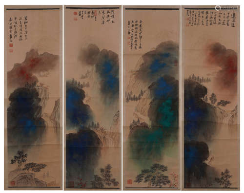 Four Chinese Hanging Panels of Landscape and Hermit by Zhang Daqian