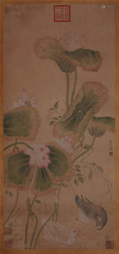 A Chinese Long Scroll Painting of Lotus Flower and Lovebirds by Wang Ruoshui