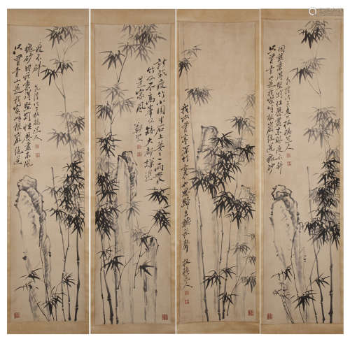 Four Chinese Hanging Panels of Bamboo by Zheng Banqiao, Ink on Paper