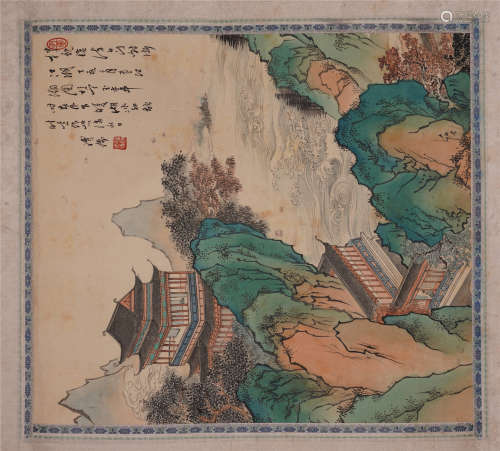 A Chinese Scroll Painting of Pavilion and Landscape by Pu Ru