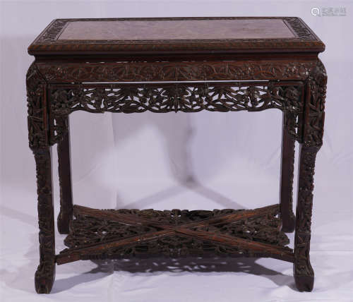 A Long Archaic Rosewood Carved Openwork Square Desk Embellished with Marble