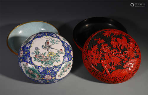 A Pair of Chinese Enamelled Cinnabar Lacquer Box