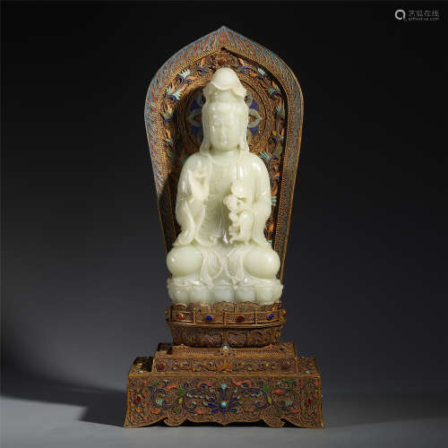 A Chinese Gilt-embellished Enamelled Jade Carved Guanyin