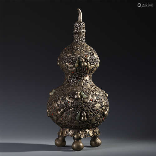 A Chinese Jade Embellished Silver Gourd Vase