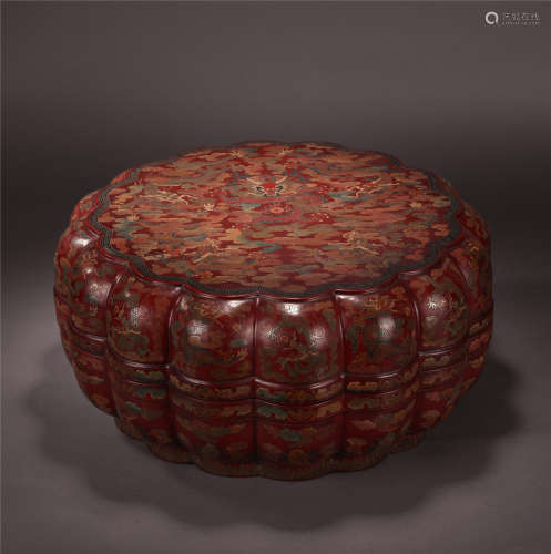 A Chinese Colored Lacquer Pumpkin-shaped Box and Cover