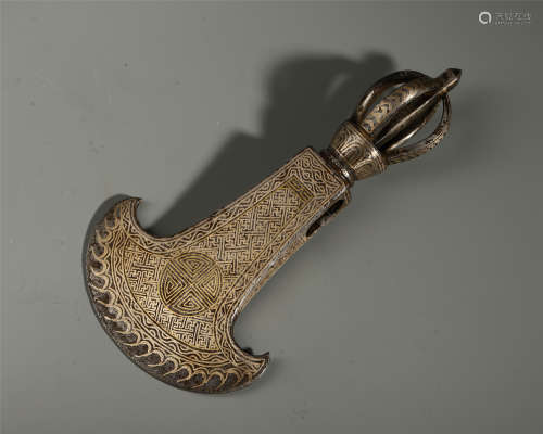 A Chinese Silver and Gold Decorated Iron Axe
