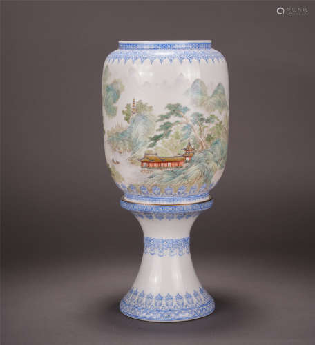 A Chinese Famille Rose Porcelain Lamp Painted with Pavilion, Landscape and Figure