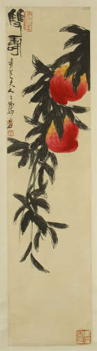 A Chinese Hanging Painting Scroll of Peach by Qi Baishi, Ink on Paper