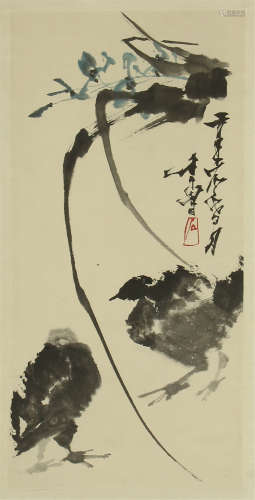 A Chinese Hanging Painting Scroll of Twin Chicken by Shi Lu, Ink on Paper