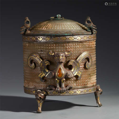 A Chinese Gilt and Silver Decorated Jade-embellished Bronze Tripod Censer with Twin Beast Handle