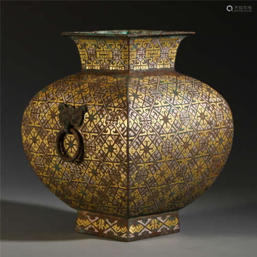 A Chinese Silver and Gold Decorated Turquoise-embellished Square Bronze Pot