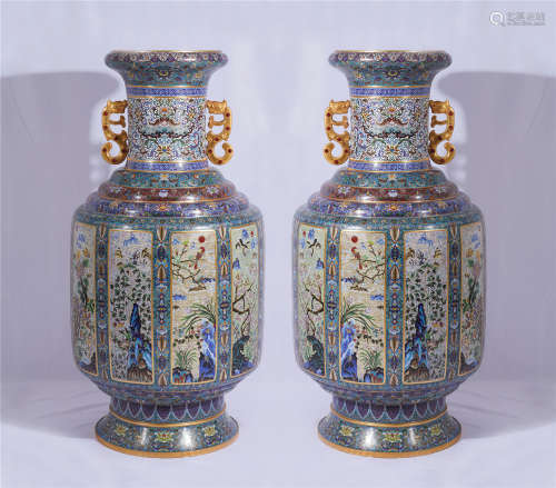 A Pair of Chinese Cloisonne Enamelled Cantonese Vase with Floral Motif