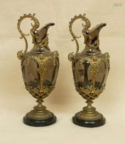 Pair of 19th C Glass Ewers with Bronze Mounts
