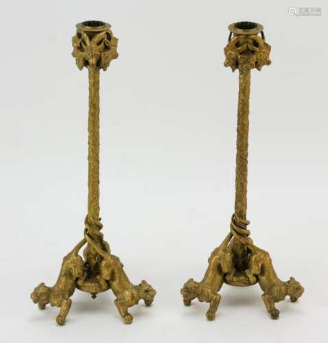 Pair of French Bronze Lion Candlesticks