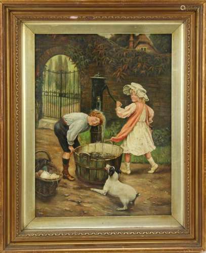19thC Children at the Water Pump, Oil on Canvas