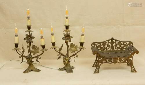 Pair of French Brass Candelabra, Brass Bench