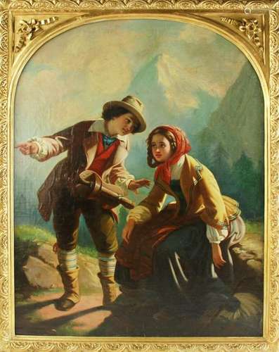 19thC Austrian, Young Hikers, Oil on Canvas