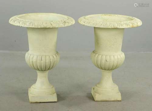 Pair of Small Classical Cast Iron Urns Cream Color