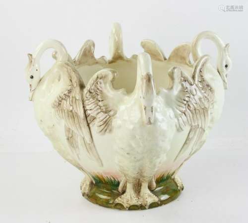 Delphin Massier Porcelain Swan Jardiniere