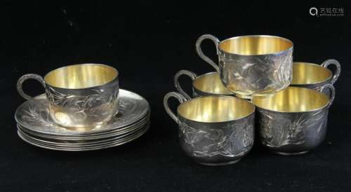 French Engraved Silver Cups and Saucers