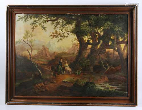 19th C Continental, Couple Under Tree, Oil on Tin