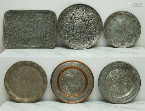 (6) Persian Engraved Chargers, Platters