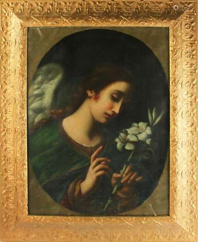 19thC Italian Angel Holding Flowers, Oil on Canvas