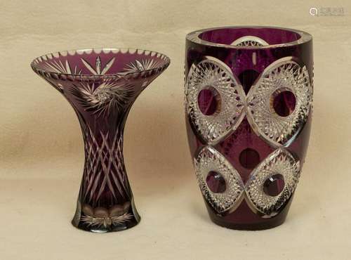 Two Blown Cut Overlay Vases, Amethyst