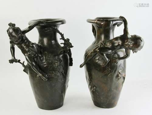 Pair of Bronze Nouveau Urns, Signed Moreau