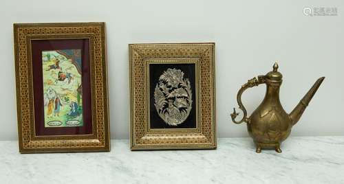 18thC Persian Teapot, Two Framed Artworks