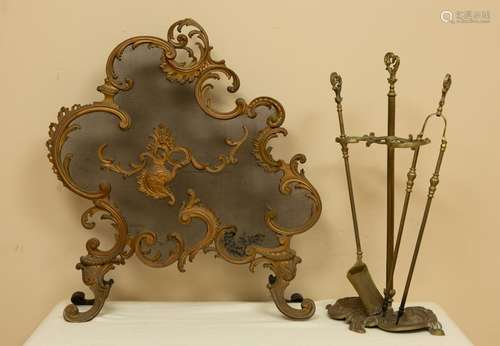 19thC French Louis XVI Fire Screen with Tools