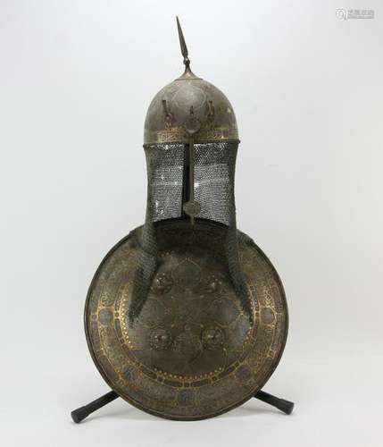 19thC Persian Kajar Engraved Steel Shield and Helmet