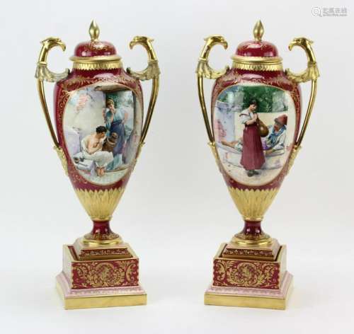 Pair of 19thC Royal Vienna Covered Urns