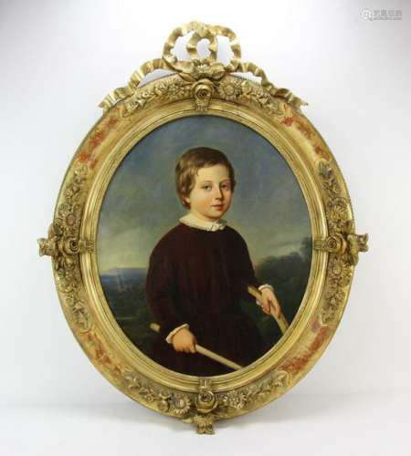 19thC American Portrait of Boy in Giltwood Frame