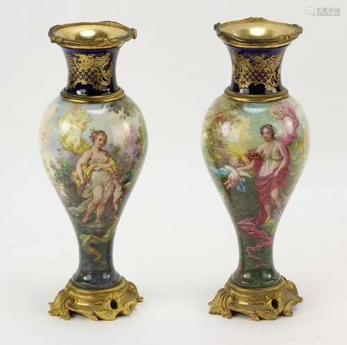 Pair of 19thC French Enamel Scenic Vases