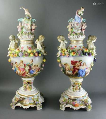 Pair of 19thC German Meissen Hand Painted Urns