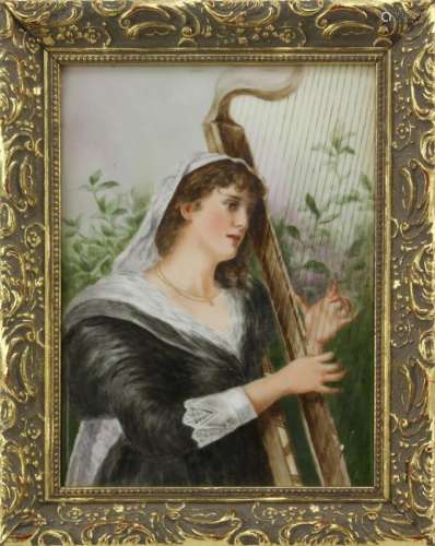 Hand Painted Porcelain Plaque of Harp Player