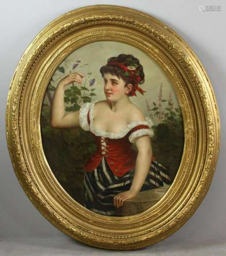 19thC Italian Oval Portrait of Girl Holding Flower