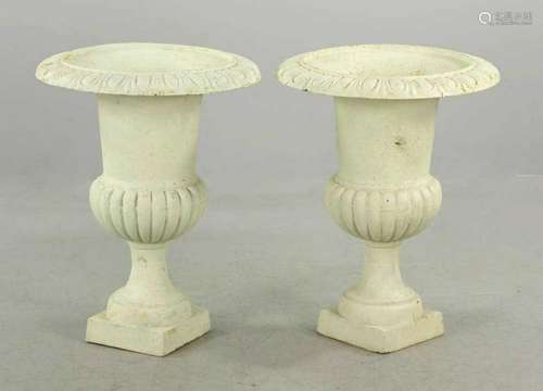 Pair of Small Classical Cast Iron Urns Cream Color