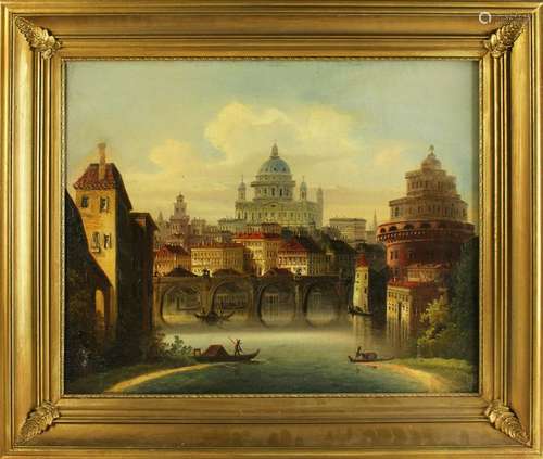 19thC Italian View, Bridge Over River, Oil on Canvas