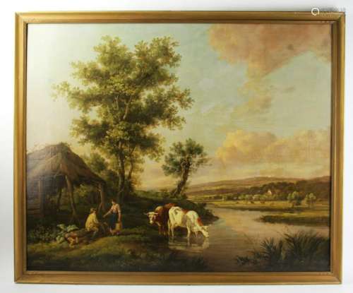 19thC Landscape, Figures by a River, Oil on Canvas