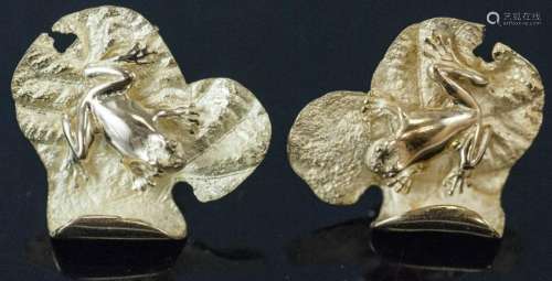 Estate 18kt Gold Figural Frog Lily Pad Earrings