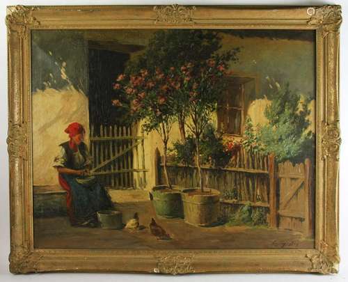 Woman Feeding Chickens, Oil on Canvas