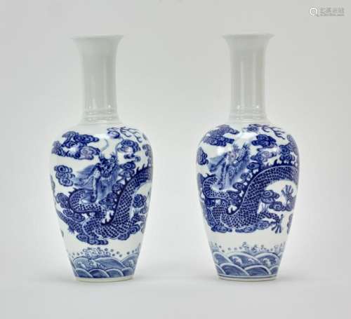 Pair of Chinese Blue and White Dragon Vases