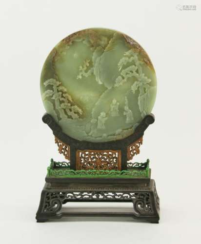 Chinese Carved Light Green Jade Plaque