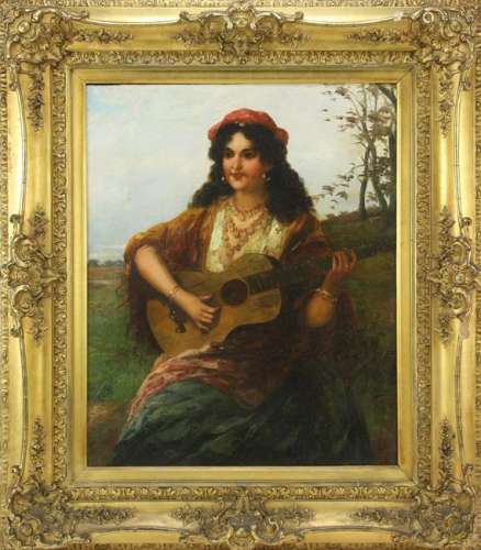 19thC Italian, Gypsy Girl with Guitar, Oil on Canvas