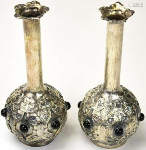 Pair Antique High Grade Silver Vases w Cabochons