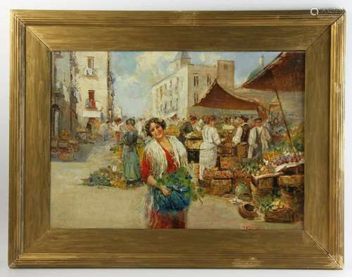 Giuseppe Rispoli, Market Scene, Oil on Canvas